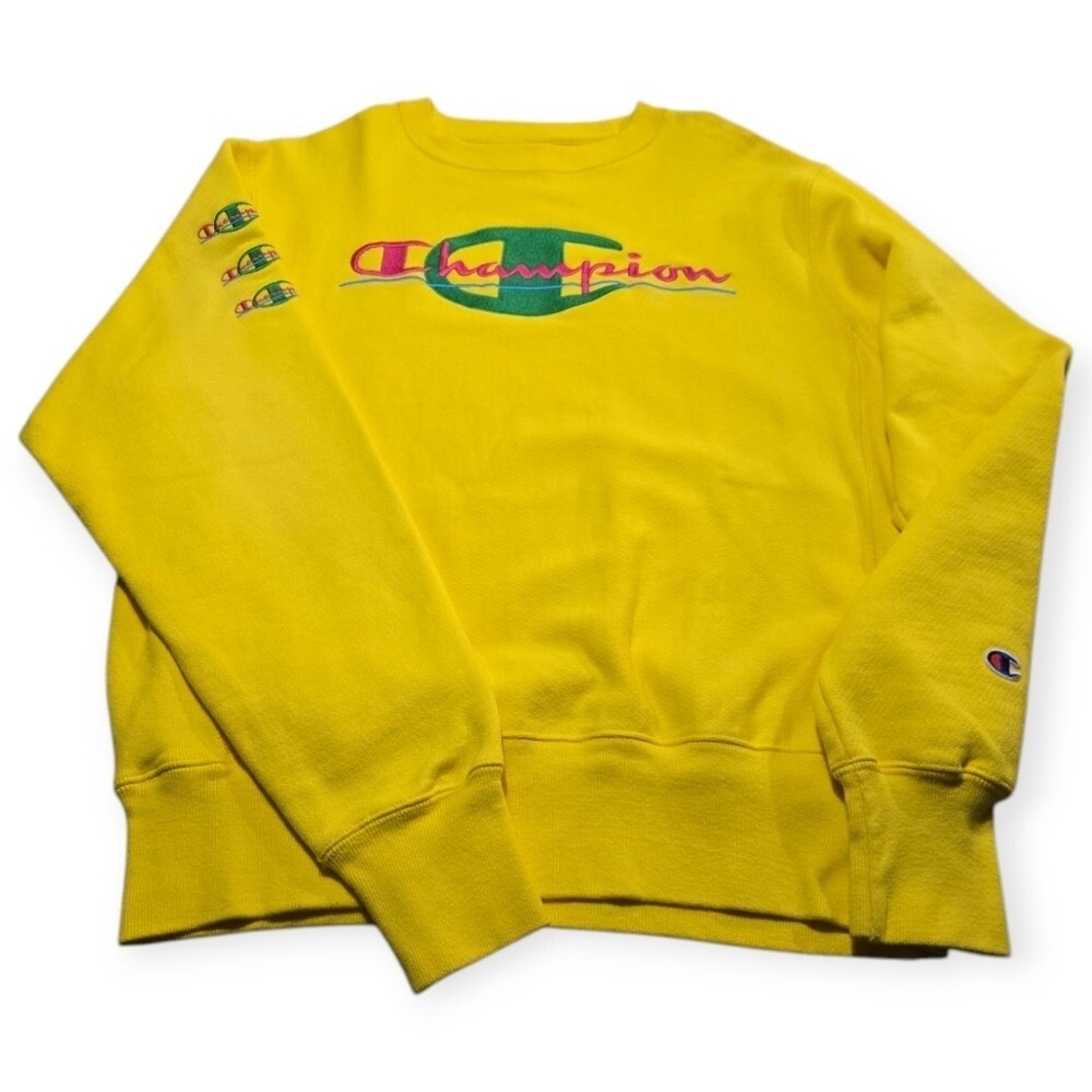 Champion Unisex Reverse Weave Retro Embroidered Logo Sweatshirt Bright Yellow S - Picture 7 of 14
